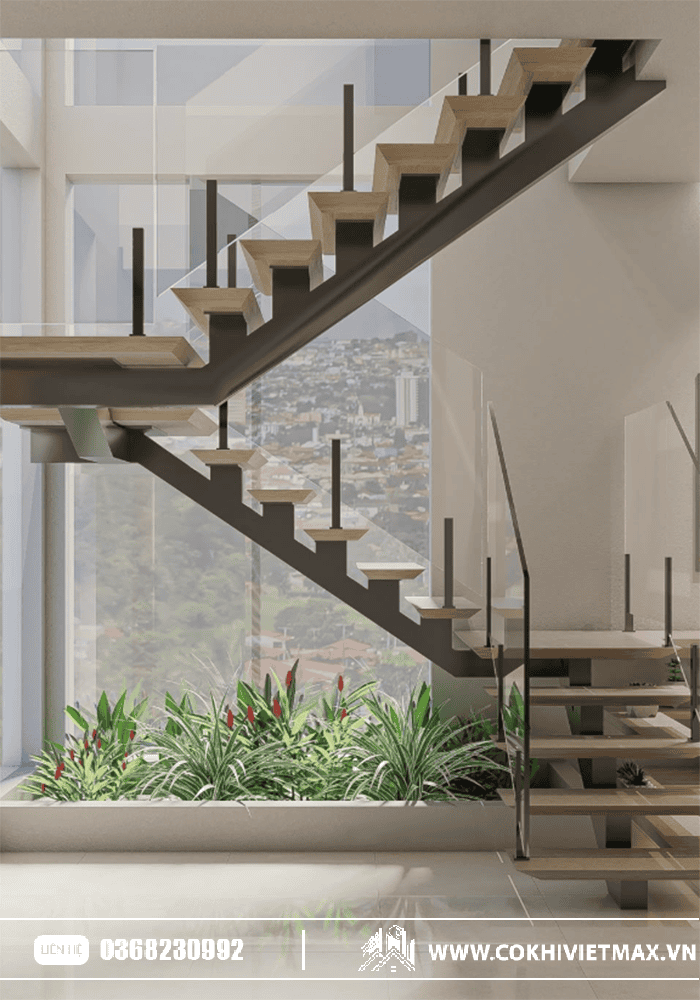 Cầu Thang Xương Cá Sắt Lan Can Kính