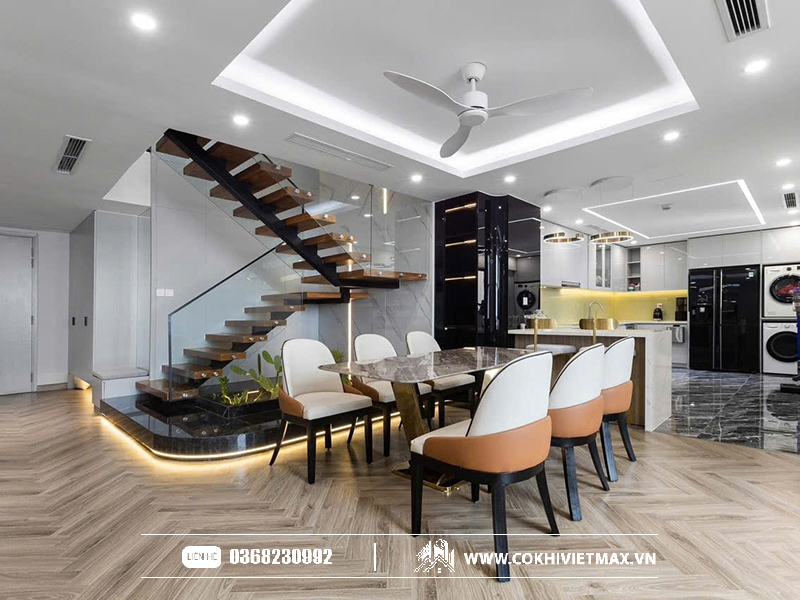 Mẫu cầu thang sắt xương cá đẹp hiện đại thi công tại Hà Nội