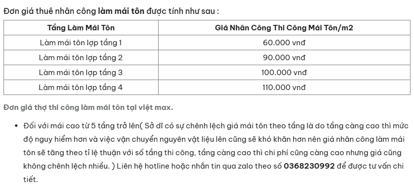 giá nhân công làm mái tôn